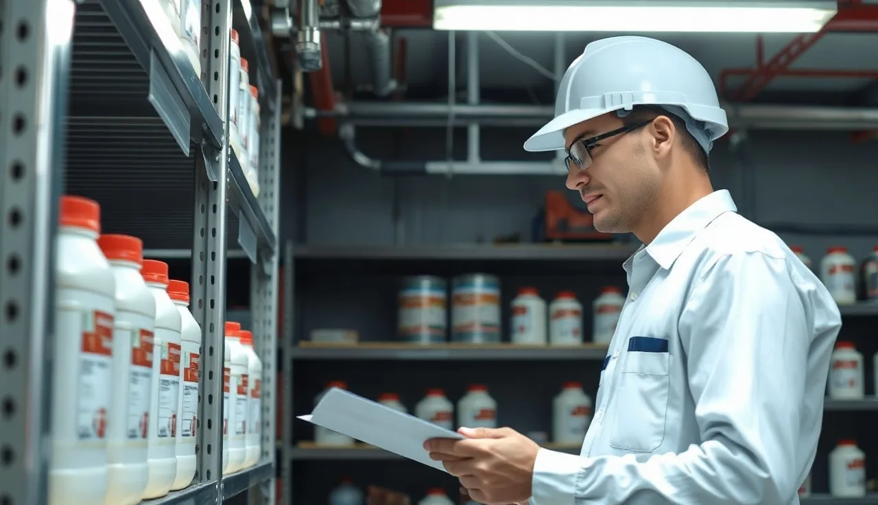 Worker reviewing a safety data sheet beside chemical storage shelving in a factory