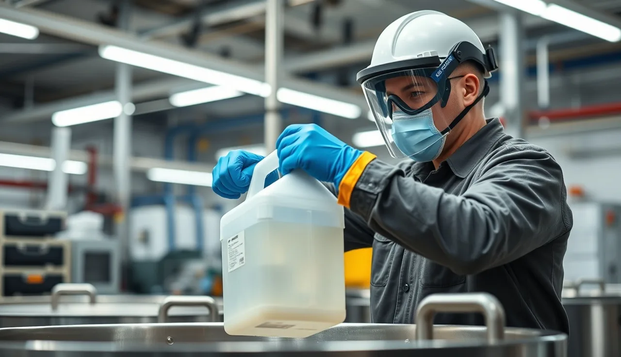 Worker in face shield and rubber gloves handling sodium hydroxide at industrial vat