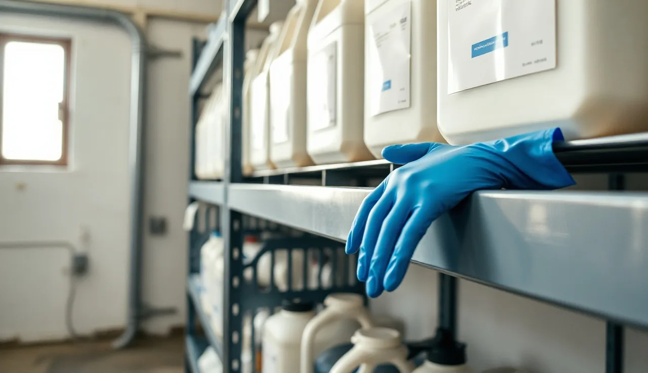 Industrial chemical storage shelf with sealed containers and protective gloves for naphthalene handling
