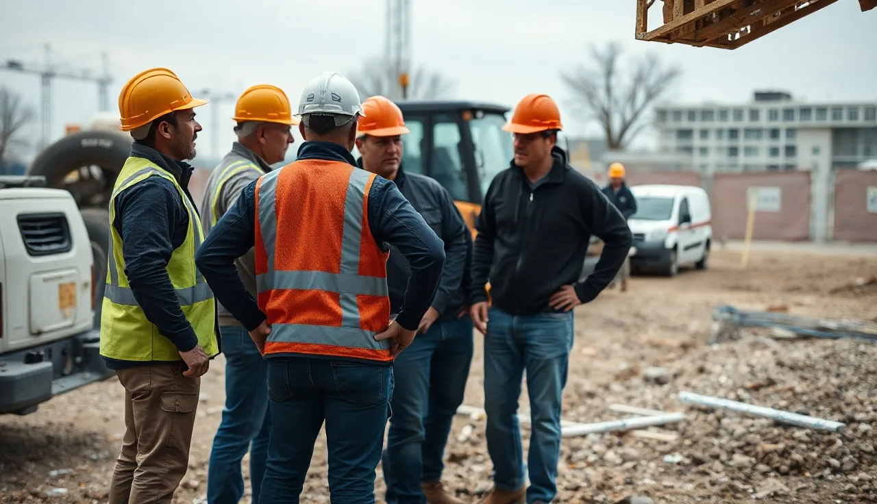 Construction crew holding a near miss toolbox talk on a job site at dawn