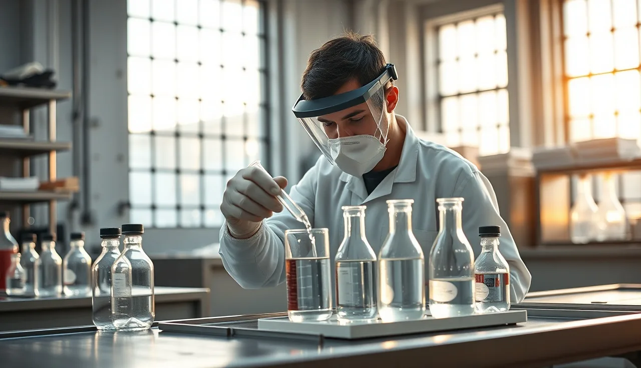 Lab technician in face shield handling nitric acid in glass containers on steel bench