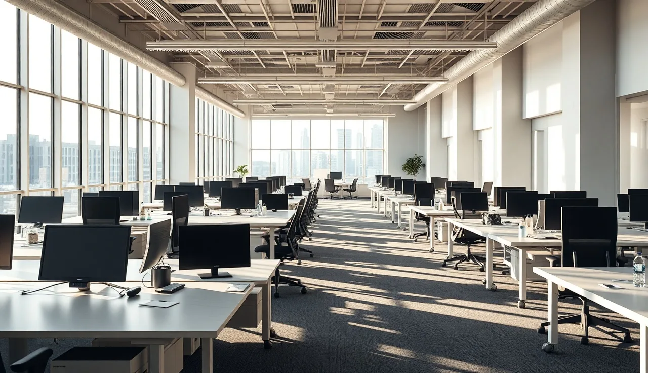Bright open-plan office with clear aisles and ergonomic workstations, illustrating office workplace safety