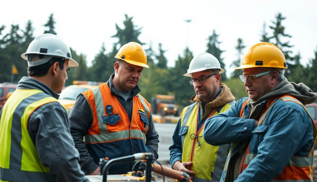 Oregon construction workers in hard hats inspecting equipment on a job site