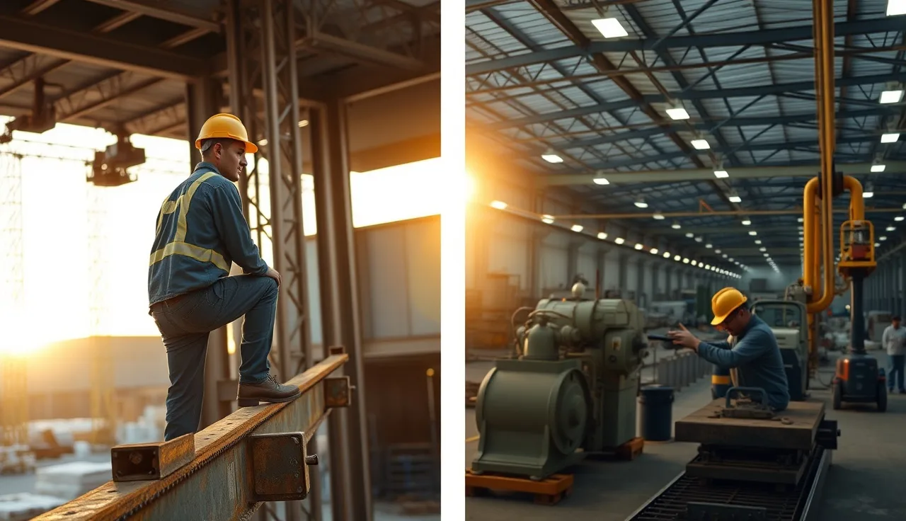 Construction worker on steel beam beside warehouse machinery operator, illustrating 1910 vs 1926 standards