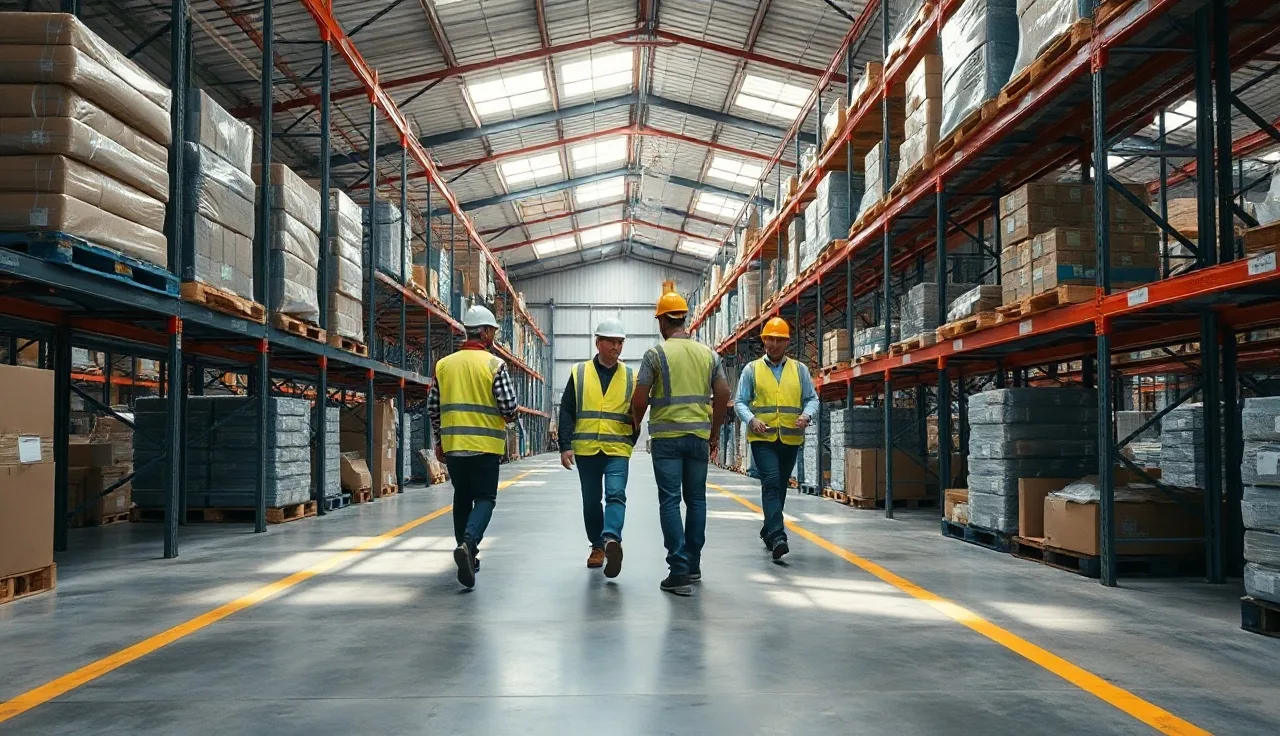 Workers in safety gear walking through a warehouse with painted safety lanes