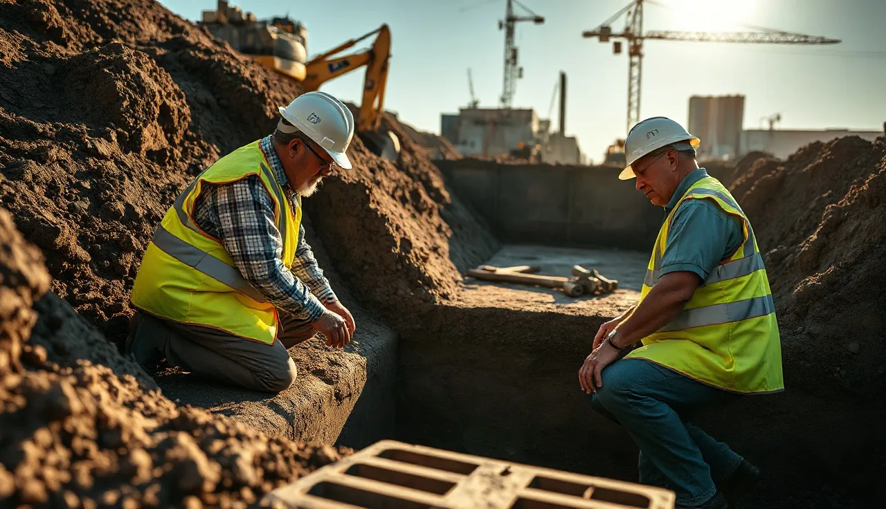 Construction supervisor inspecting trench wall as site competent person on a jobsite