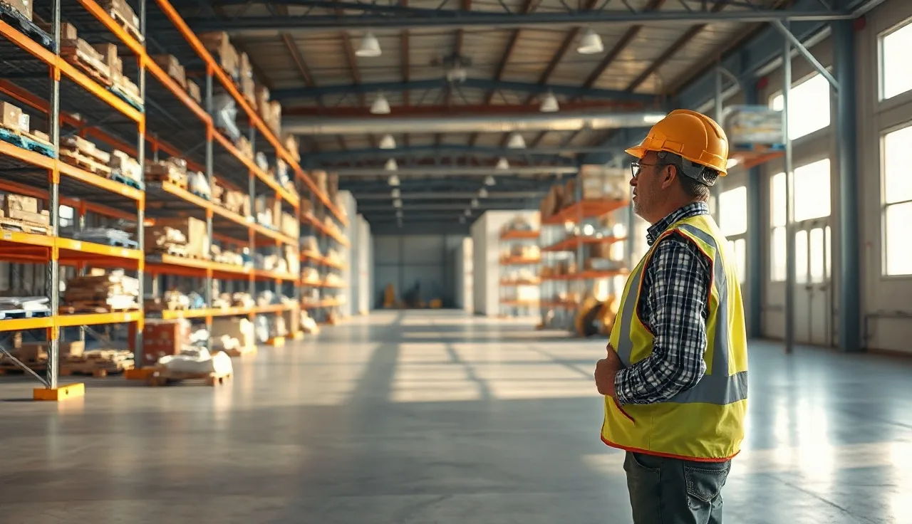 Warehouse worker in hard hat inspecting shelving for OSHA compliance walkthrough