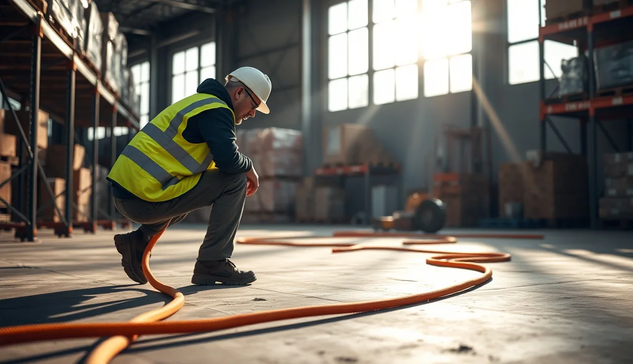 Warehouse worker in safety vest inspecting an orange extension cord on a concrete floor