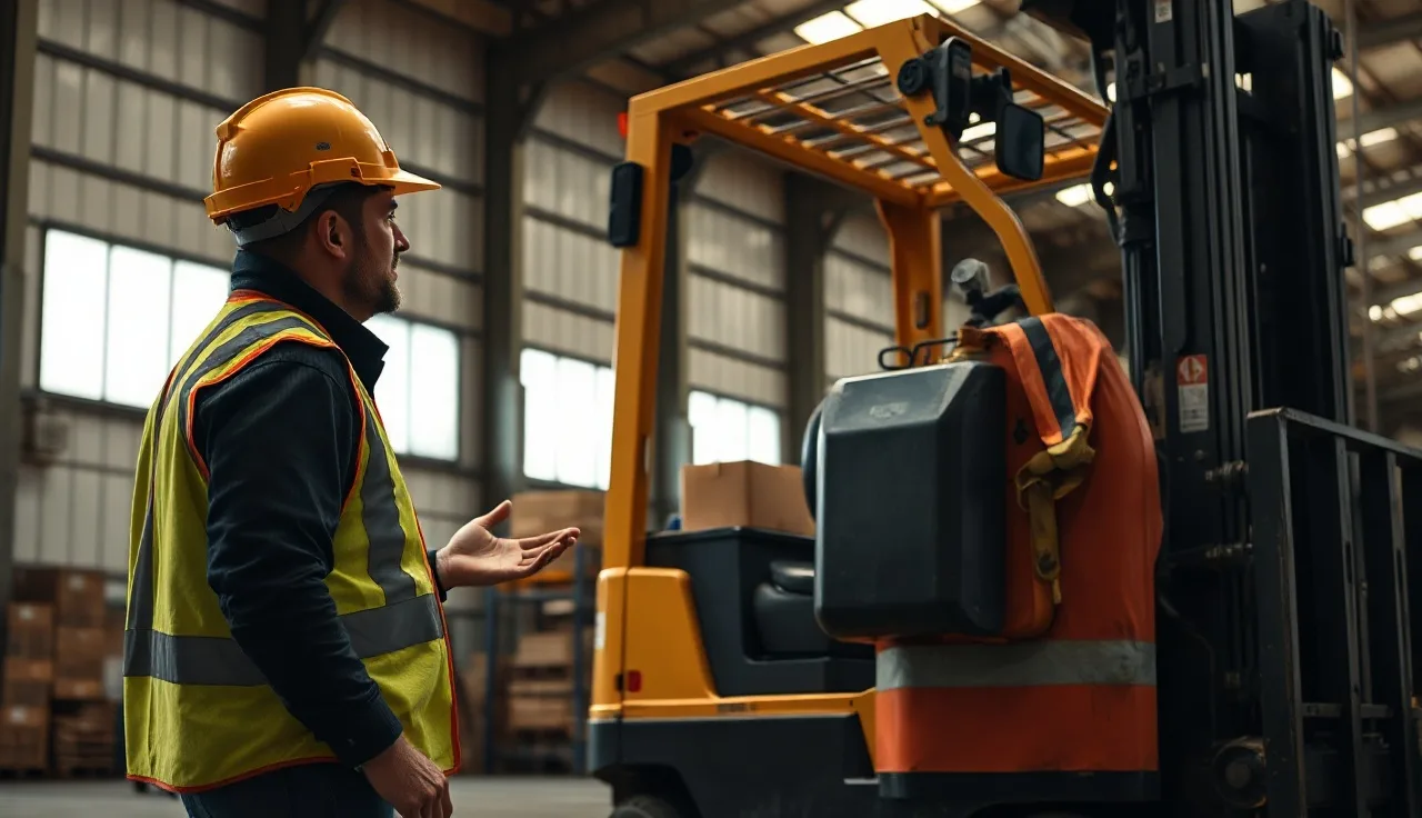 Warehouse supervisor training an employee next to a forklift in an industrial facility