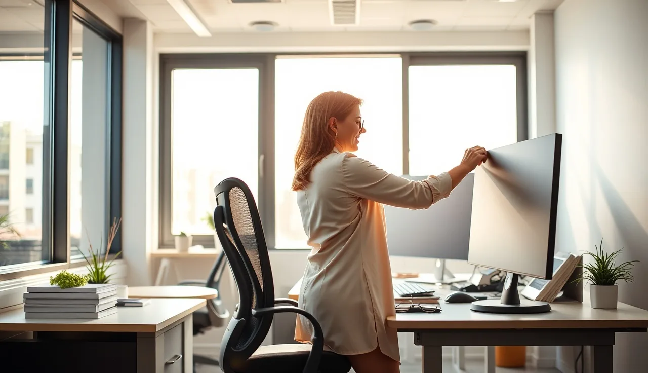 Office worker adjusting chair height at a small business workspace