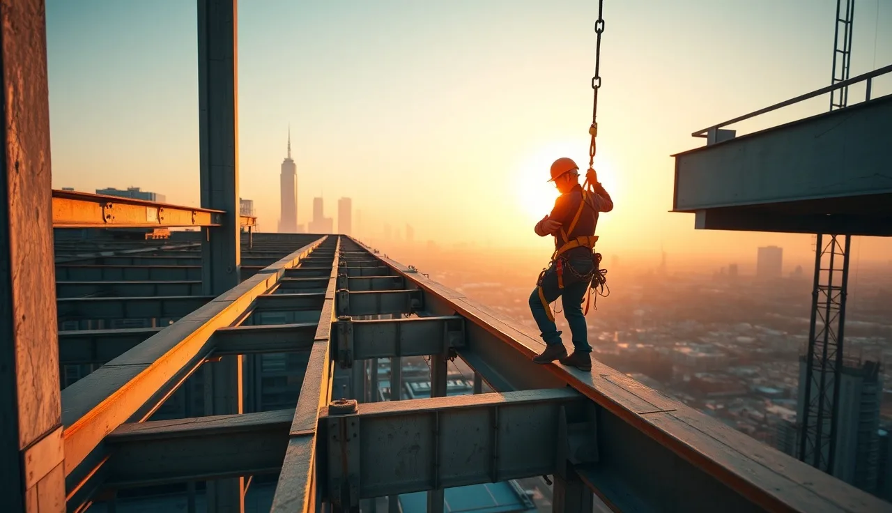 Worker in fall arrest harness clipped to anchor on elevated construction frame at sunrise