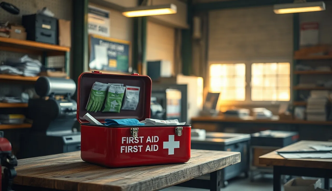 Open red first aid kit on a workbench in a small manufacturing shop