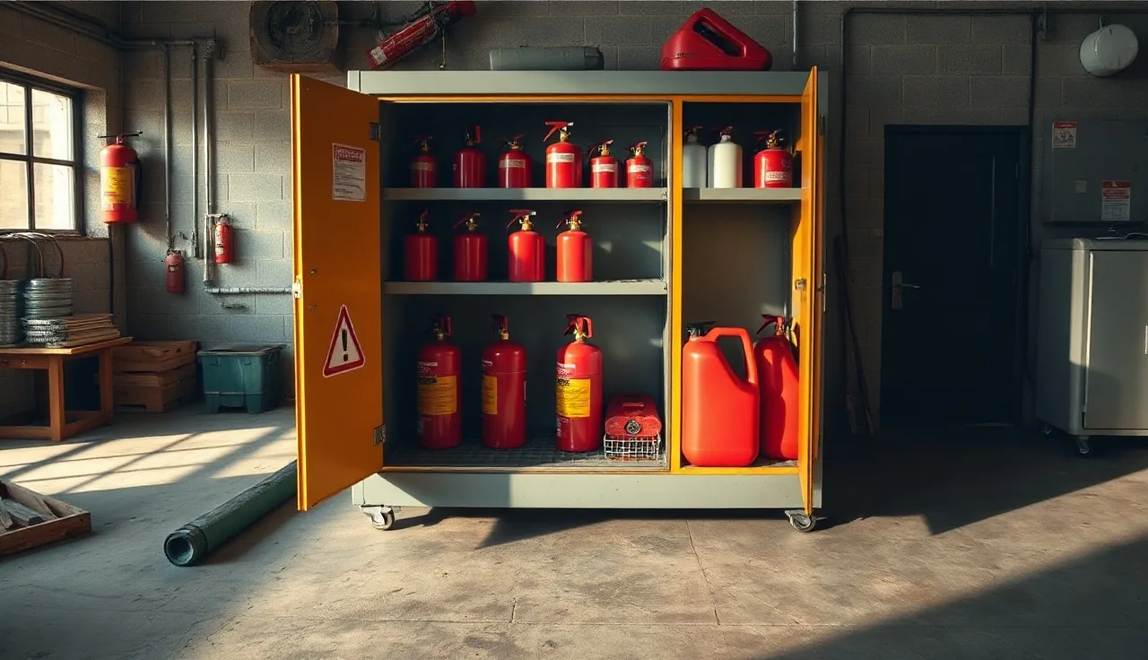 Open yellow flammable storage cabinet with red safety cans on metal shelves in a workshop