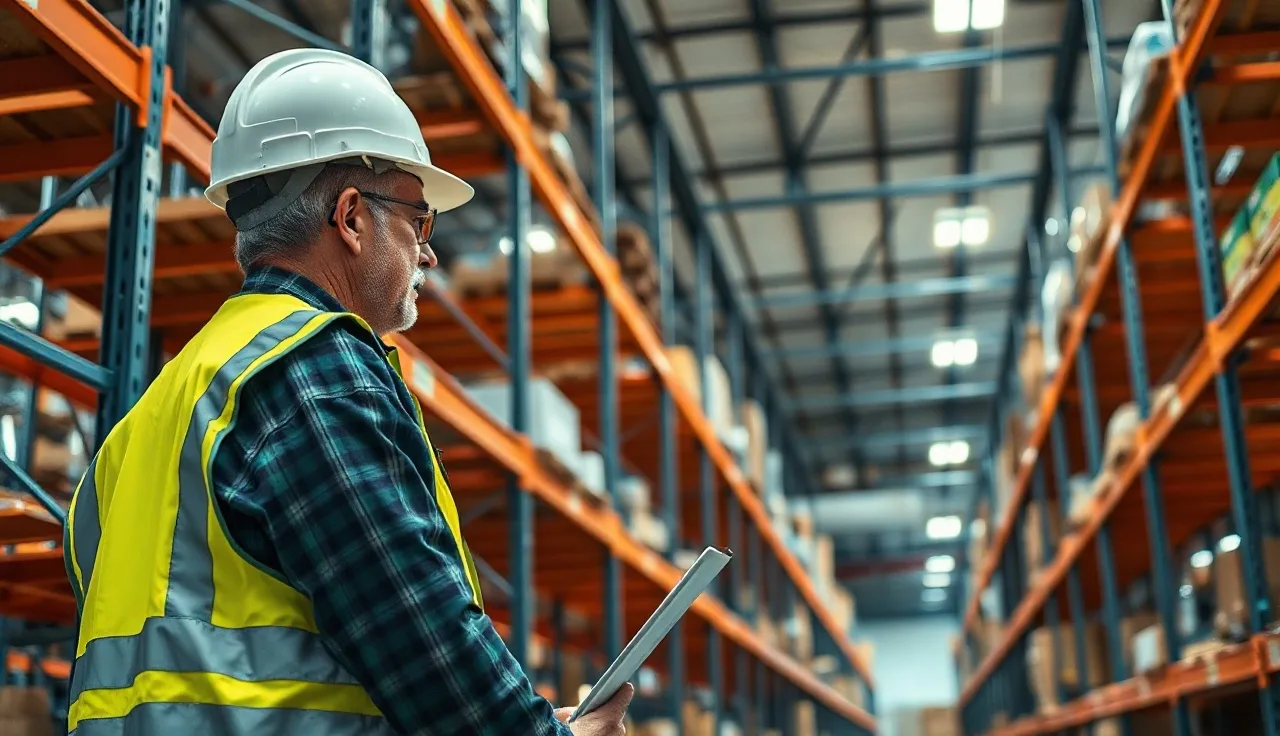 Safety manager in hard hat inspecting warehouse shelving under industrial lighting