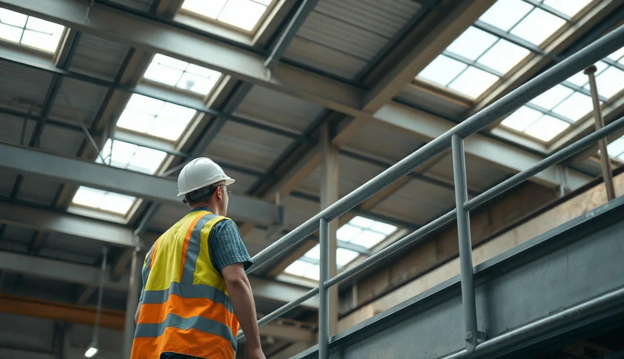 Worker in hard hat inspecting steel pipe guardrail on elevated warehouse mezzanine