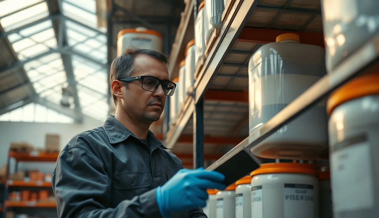 Worker in safety glasses examining chemical containers on warehouse shelving