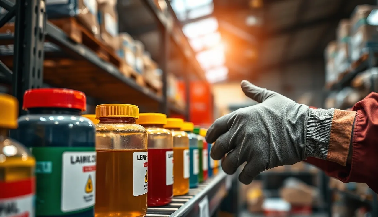 Worker organizing chemical containers on an industrial shelf under warehouse lighting