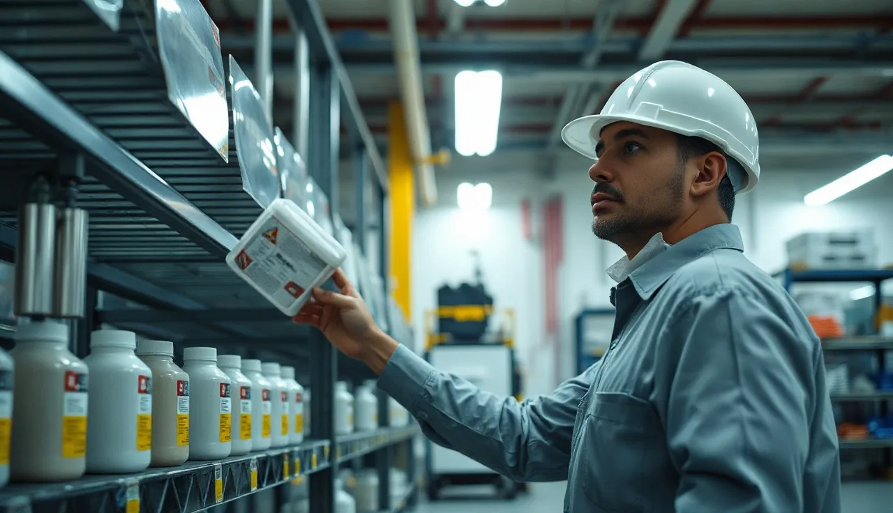 Worker inspecting chemical storage containers in a manufacturing facility for hazard communication compliance