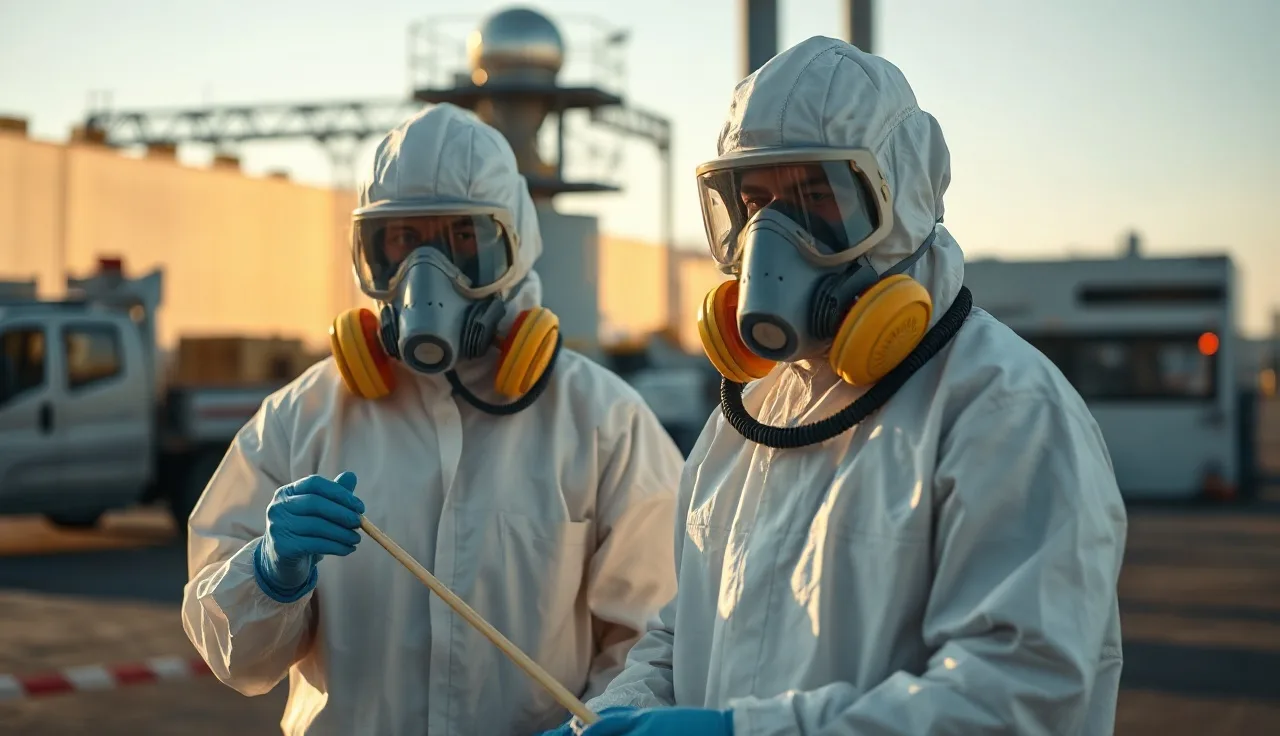 Two workers in protective suits performing hazardous material decontamination outdoors