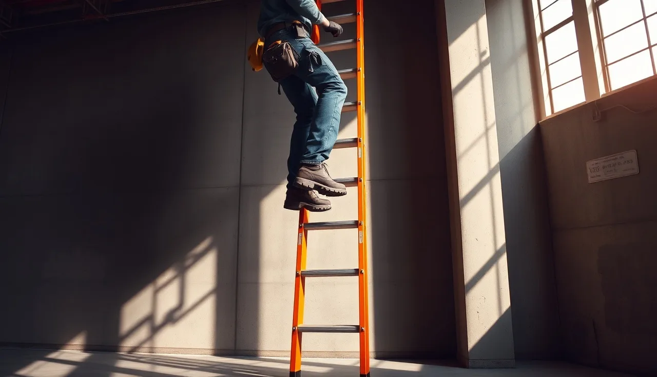Worker climbing extension ladder against warehouse wall, wearing hard hat and tool belt
