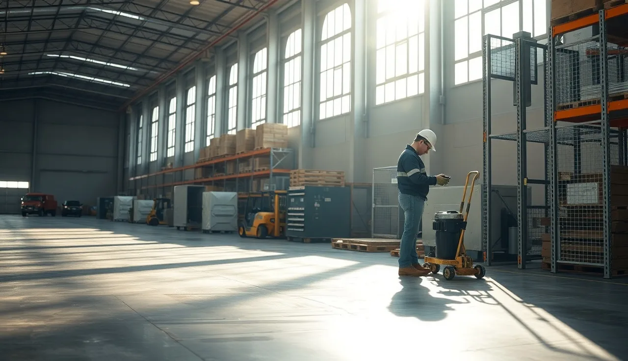 Worker in hard hat inspecting warehouse equipment under natural morning light