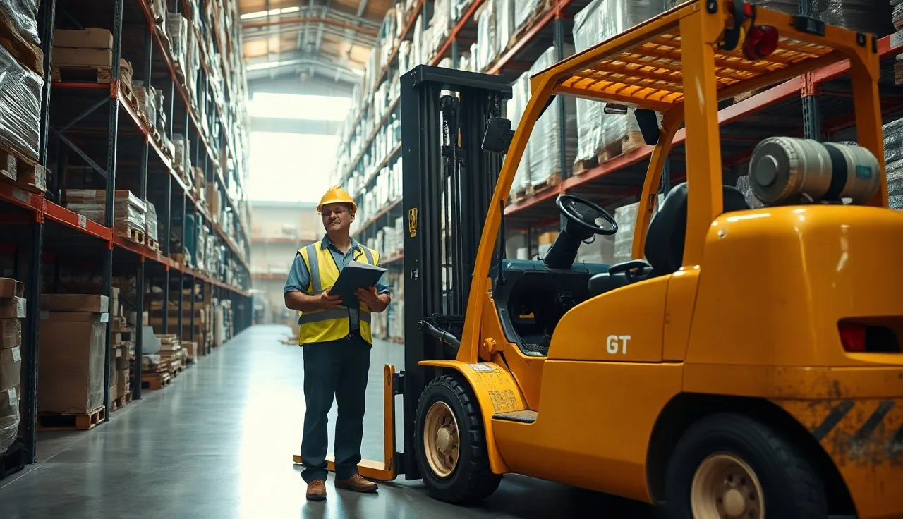 Supervisor and worker in hard hat discussing forklift safety training in a warehouse aisle