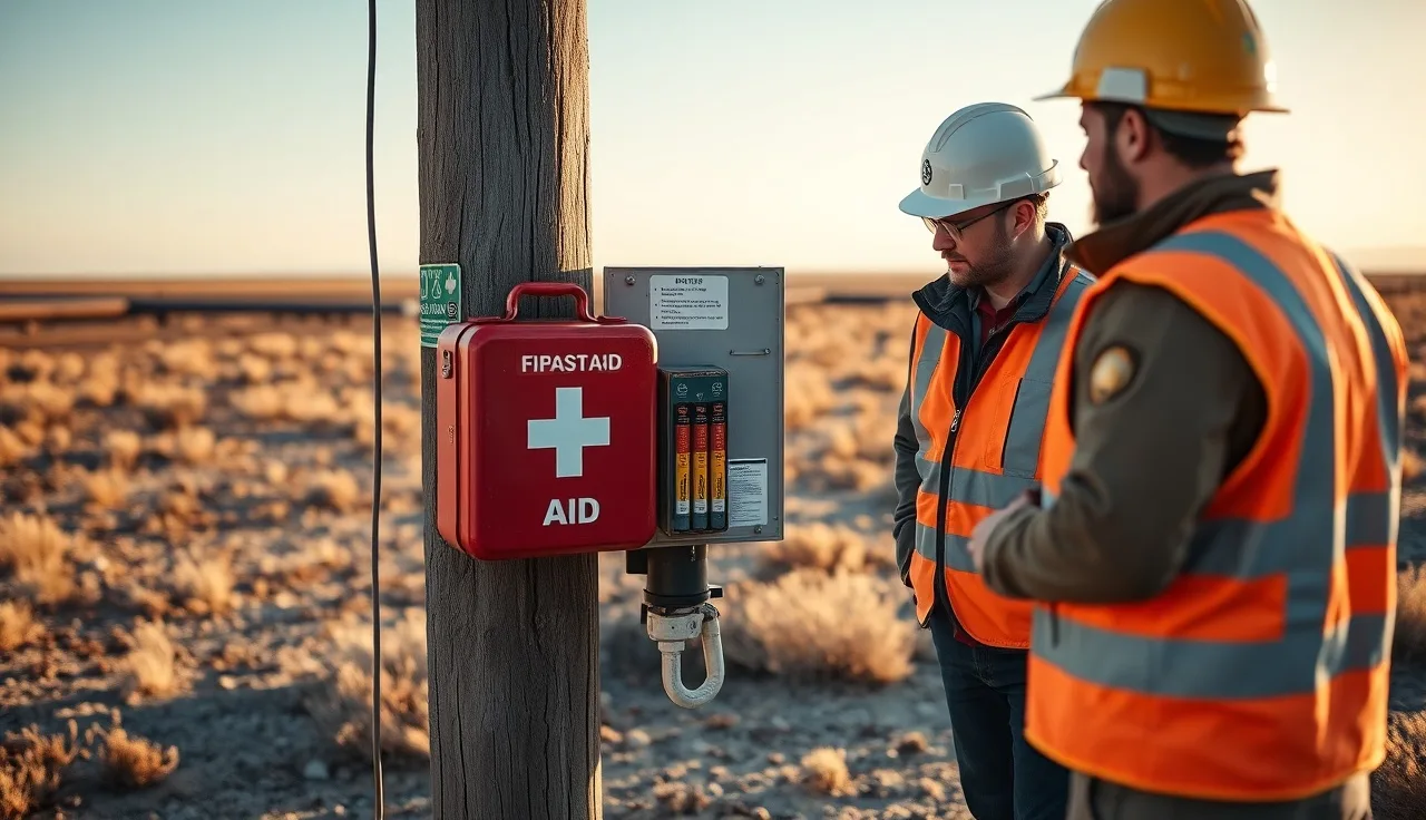 Workers checking a first aid kit at a remote outdoor job site