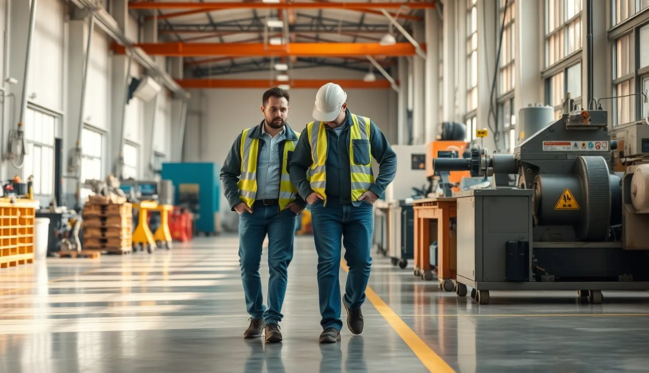 Safety consultant and shop owner walking through a small manufacturing facility during a free on-site safety consultation