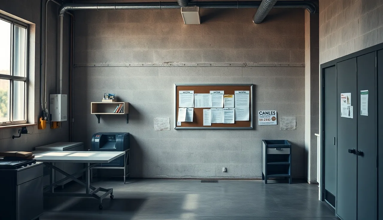 Employee break room bulletin board in a small factory, morning light