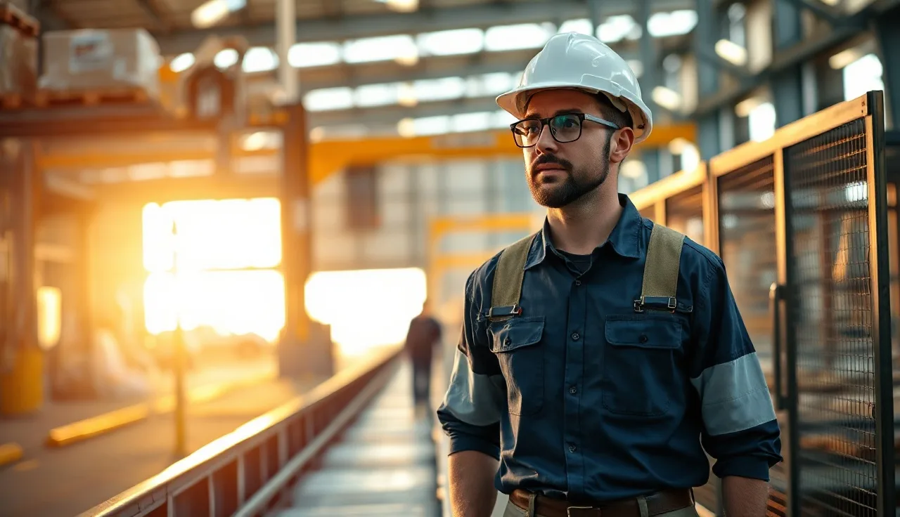 Warehouse supervisor in hard hat inspecting conveyor belt station for OSHA compliance