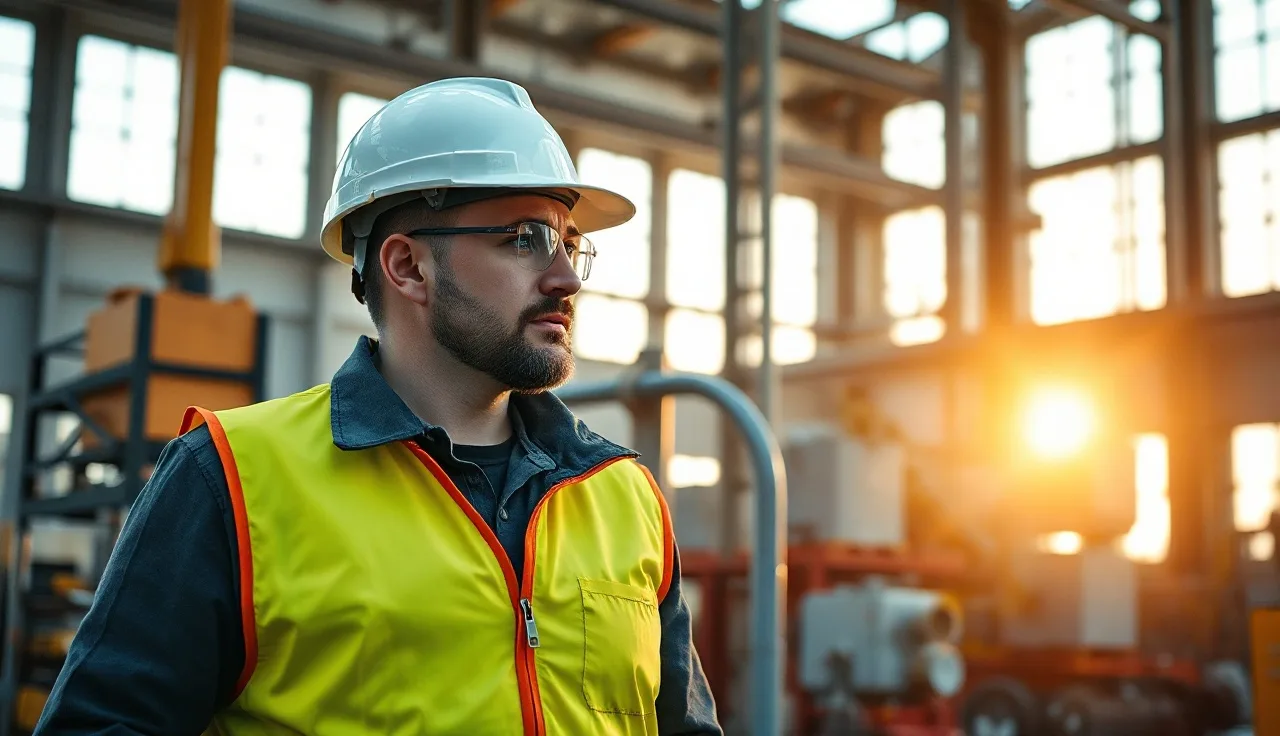 Worker in hard hat inspecting industrial equipment in a manufacturing facility