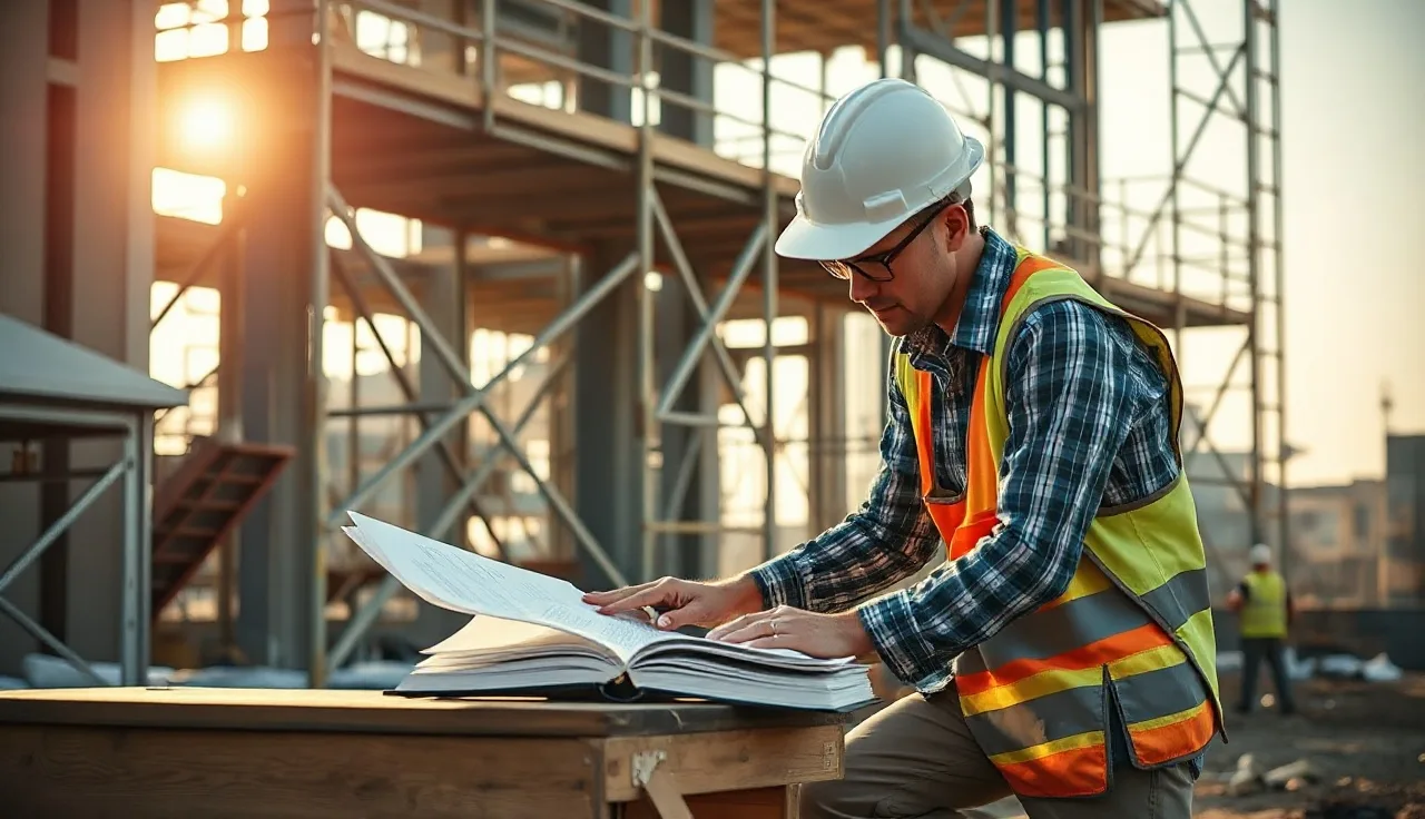Foreman reviewing OSHA reporting paperwork at a construction workbench in morning light