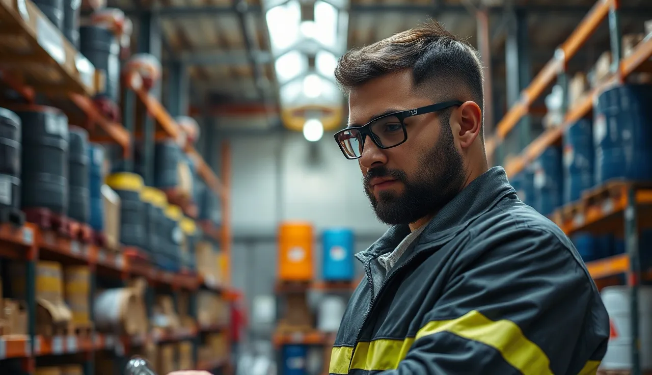 Worker in safety glasses reading a chemical container label in a manufacturing facility