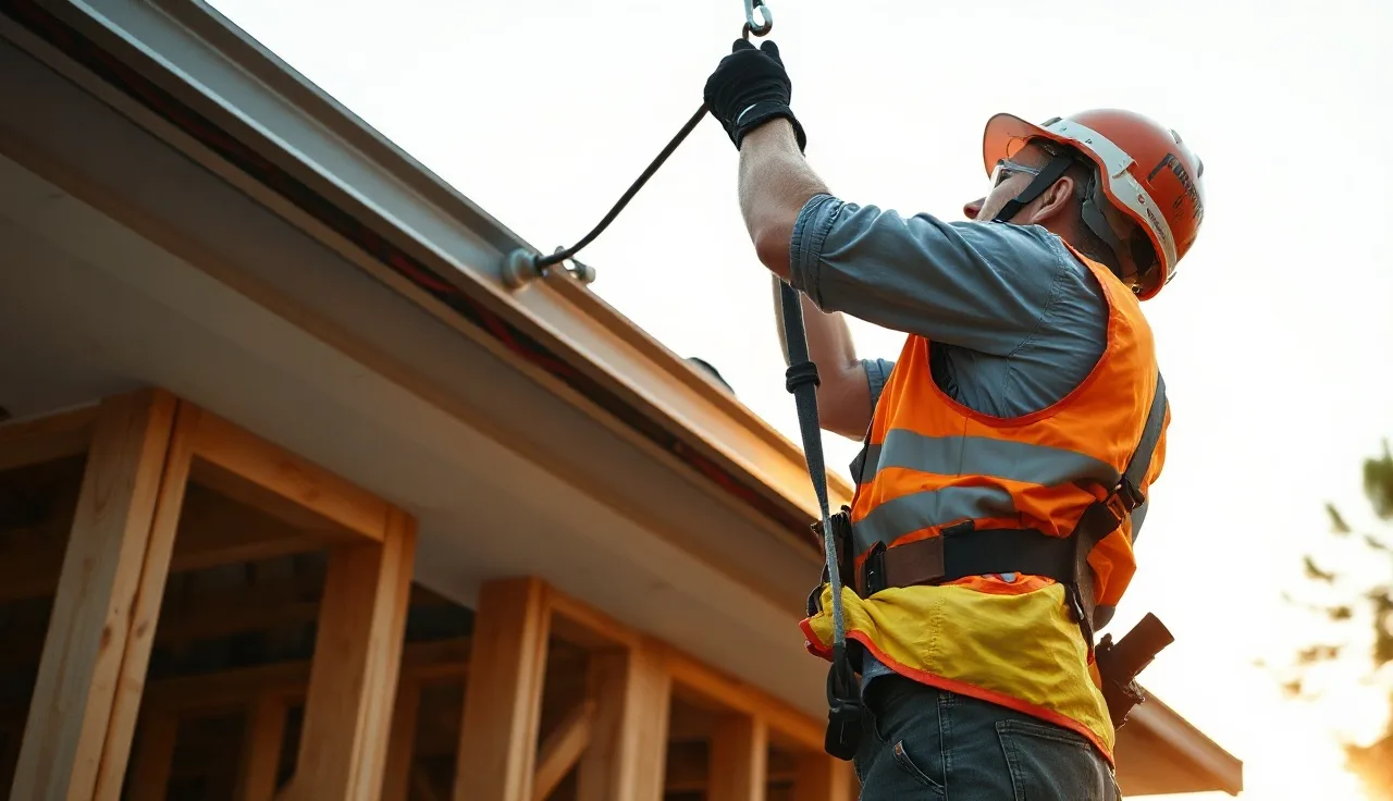 Worker in harness clipping lanyard to roof anchor on residential construction frame