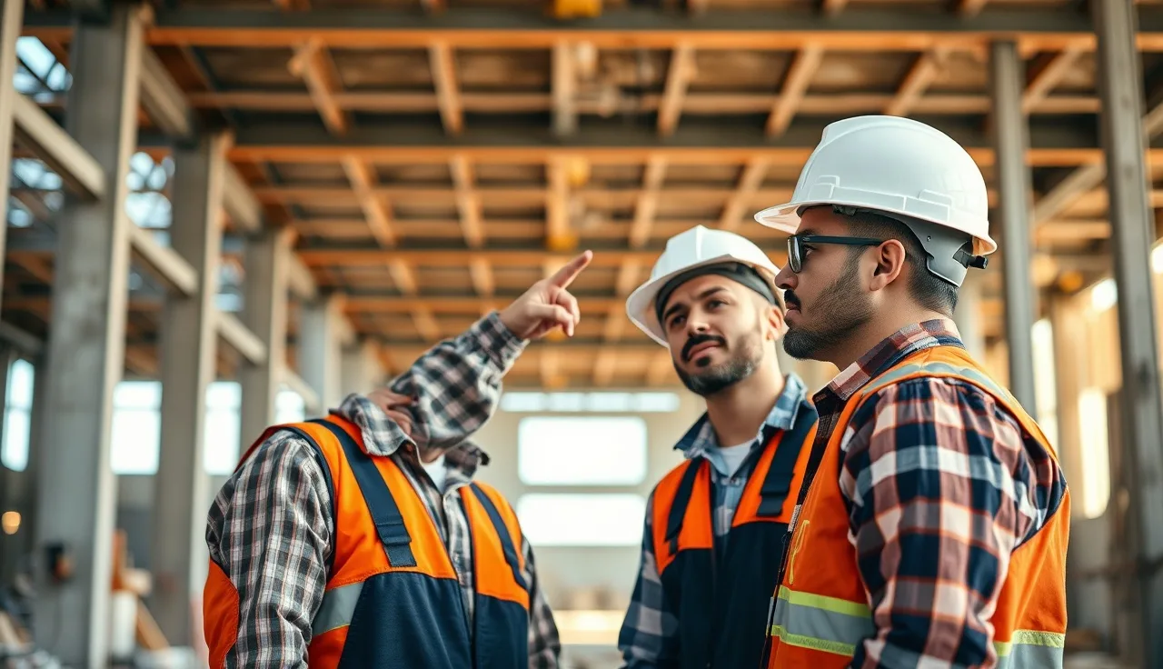 Two workers in hard hats reviewing safety conditions at a construction worksite