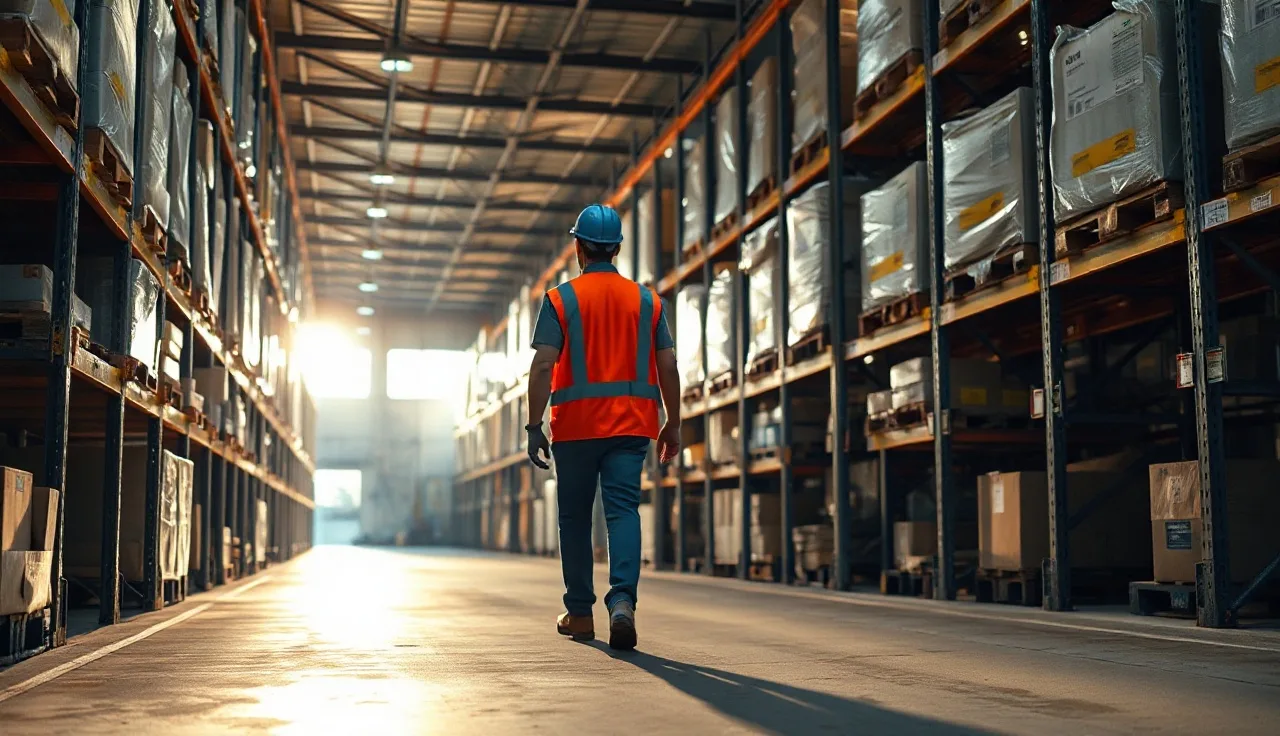 Worker in hard hat walking through a warehouse aisle under bright overhead lighting