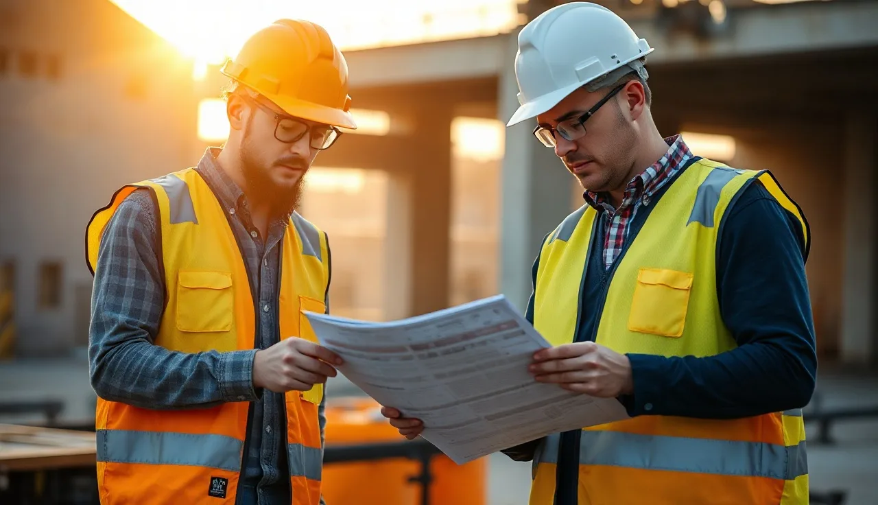 Two contractors in safety gear reviewing partnership documents at a construction site