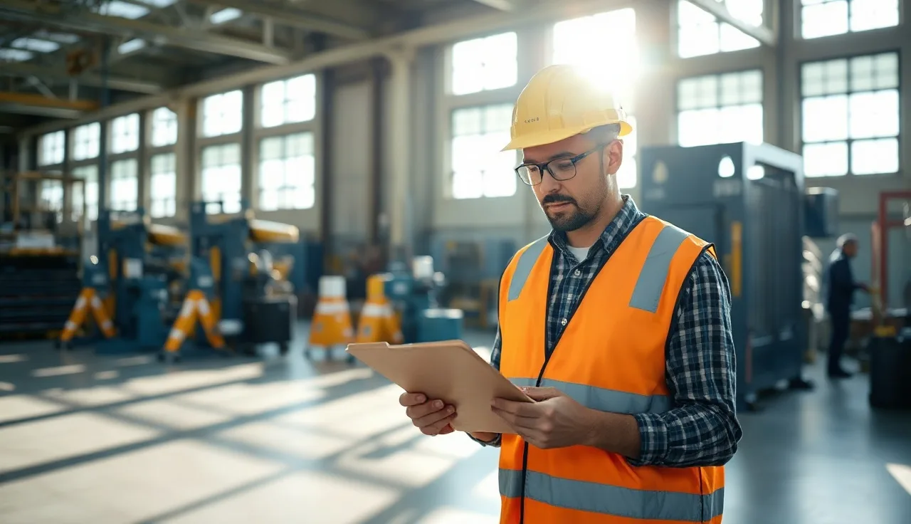 Worker in hard hat reviewing safety paperwork on a manufacturing plant floor