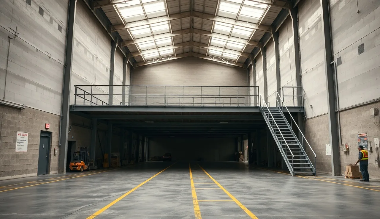 Industrial warehouse floor with yellow aisle markings and metal mezzanine staircase