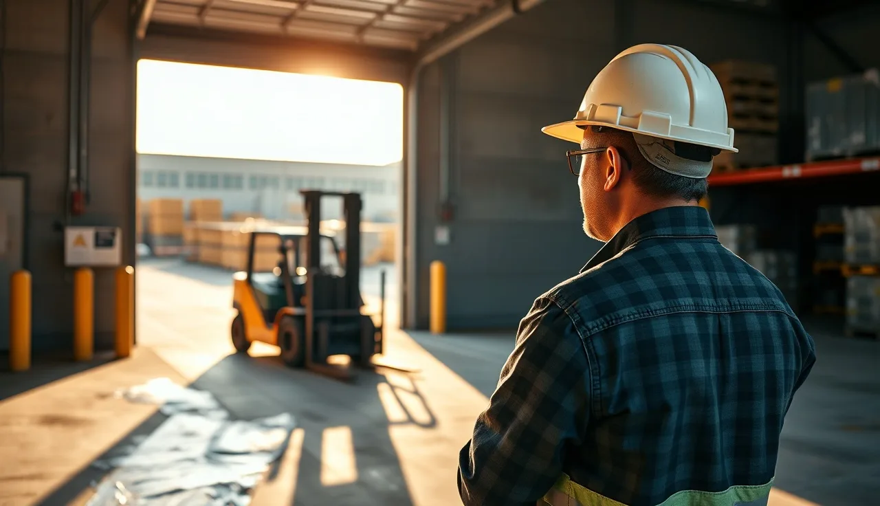Warehouse worker near loading dock with forklift in background, workplace safety scene