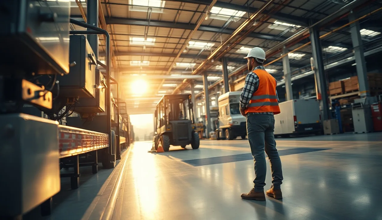 Worker in hard hat inspecting equipment on a manufacturing floor for workplace safety