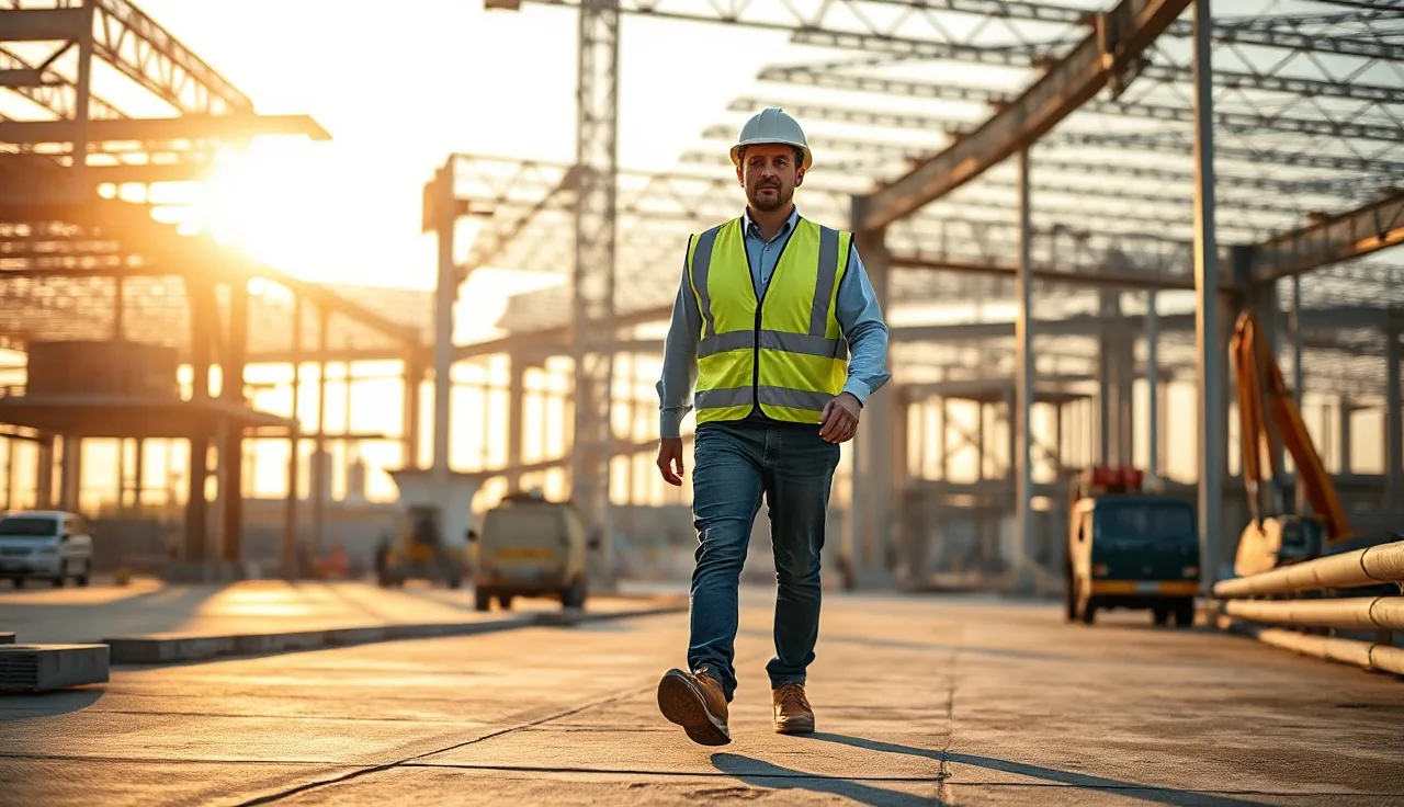 Construction supervisor in hard hat inspecting workplace safety conditions on a job site