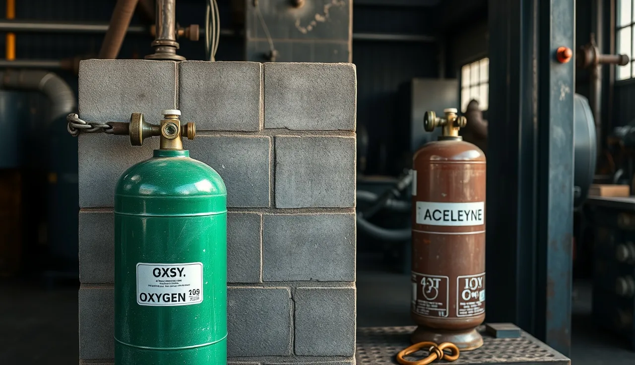 Oxygen and acetylene cylinders stored on opposite sides of a concrete block barrier in a welding shop