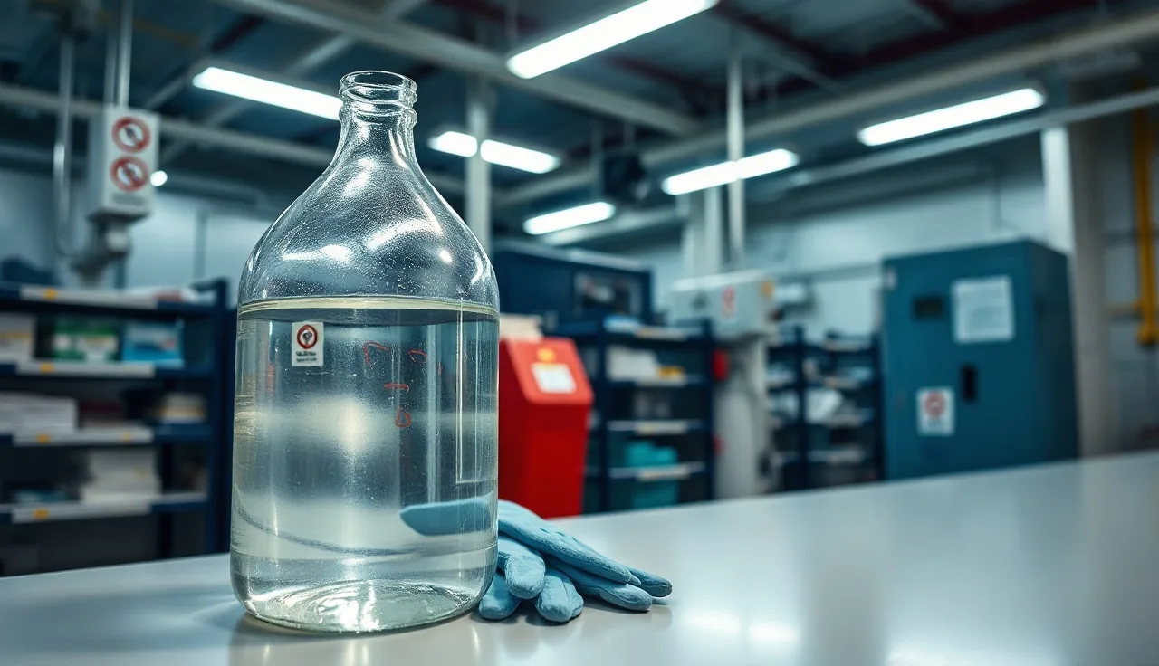 Sealed HDPE chemical container on a lab bench beside acid-resistant gloves and eyewash station