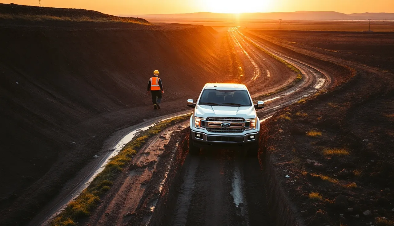 Worker in high-visibility vest doing a pre-trip inspection on a pickup truck parked on a muddy pipeline right-of-way access road at dawn