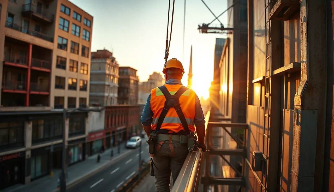 Worker in harness on steel beam with retractable lanyard attached overhead