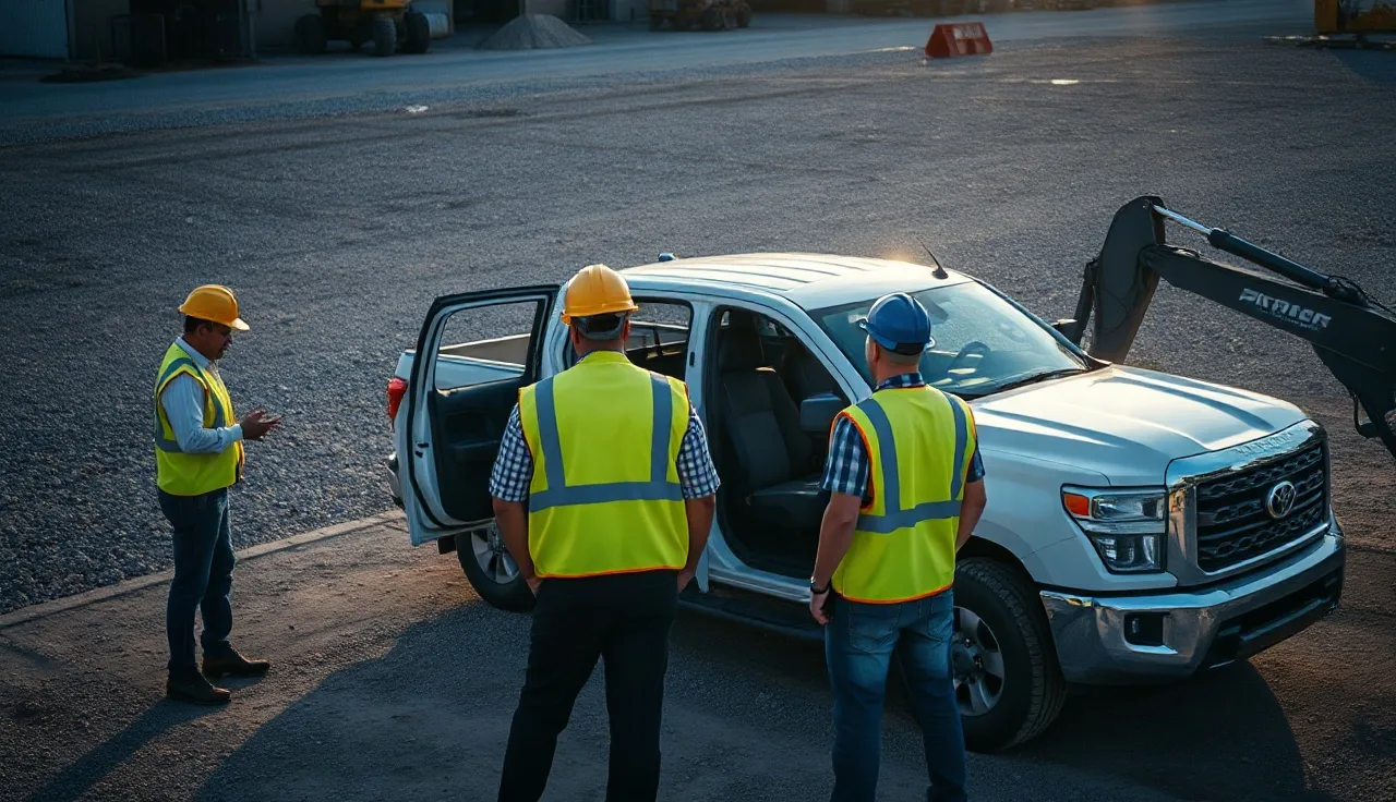 Supervisor leading a safe driving toolbox talk beside a pickup truck at dawn