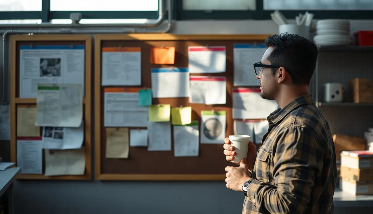 Worker reading a well-organized safety bulletin board in a manufacturing break room