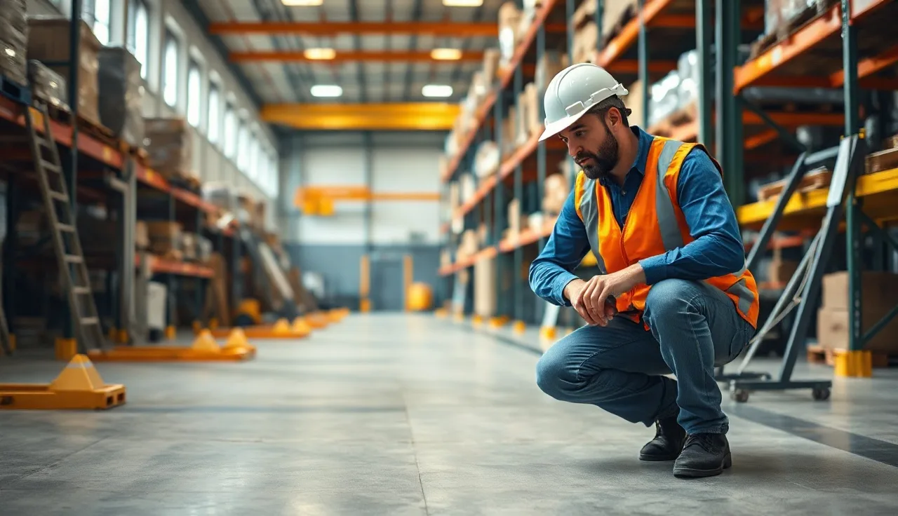 Worker in hard hat inspecting equipment on a warehouse floor during a safety walk-through
