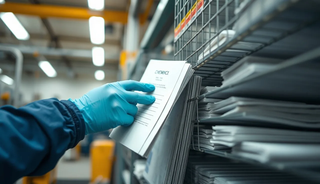Worker's gloved hands organizing chemical safety data sheets in a metal wall rack